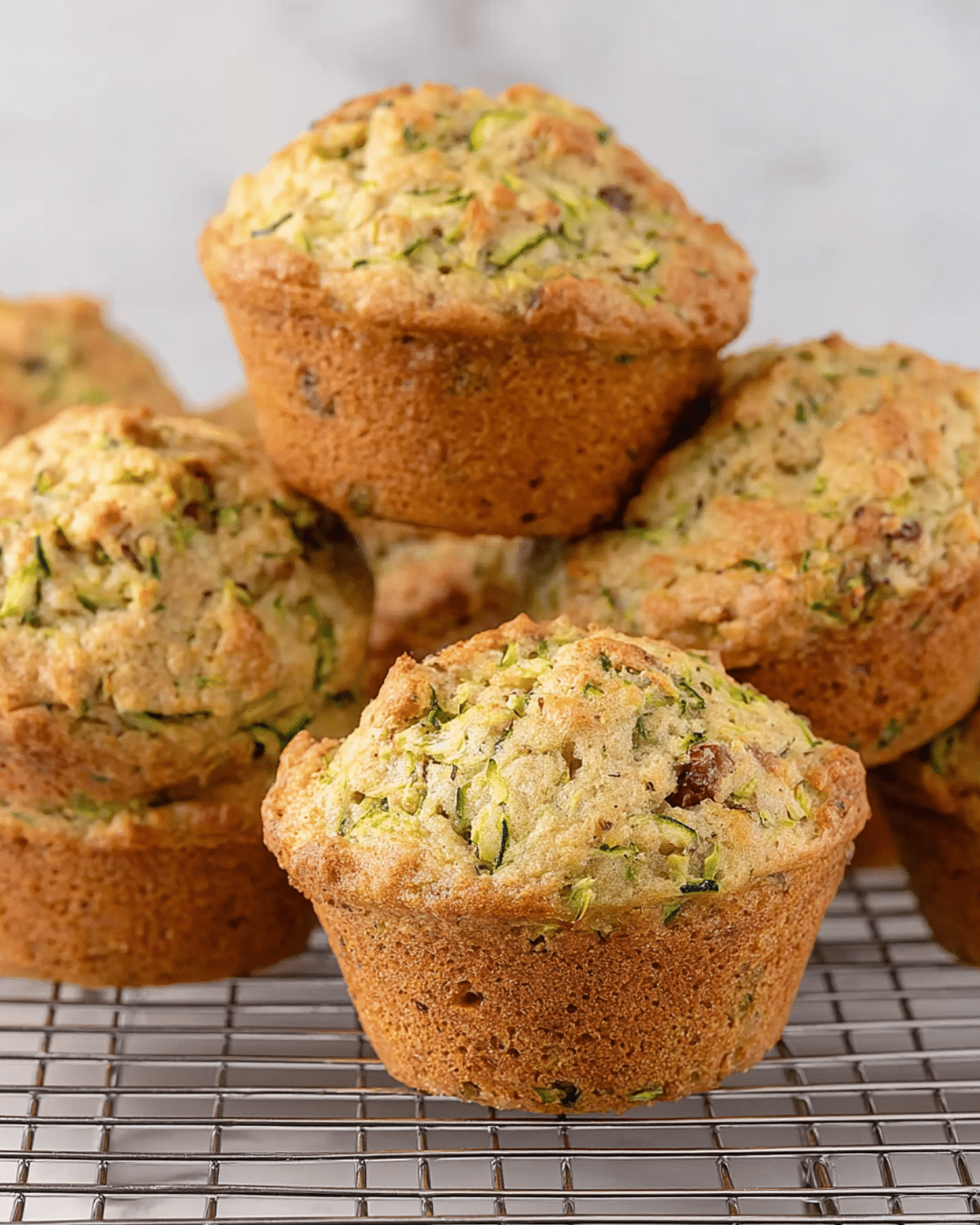 Freshly baked zucchini muffins stacked on a cooling rack.