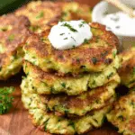 Stack of golden-brown zucchini fritters topped with sour cream and herbs on a wooden board.