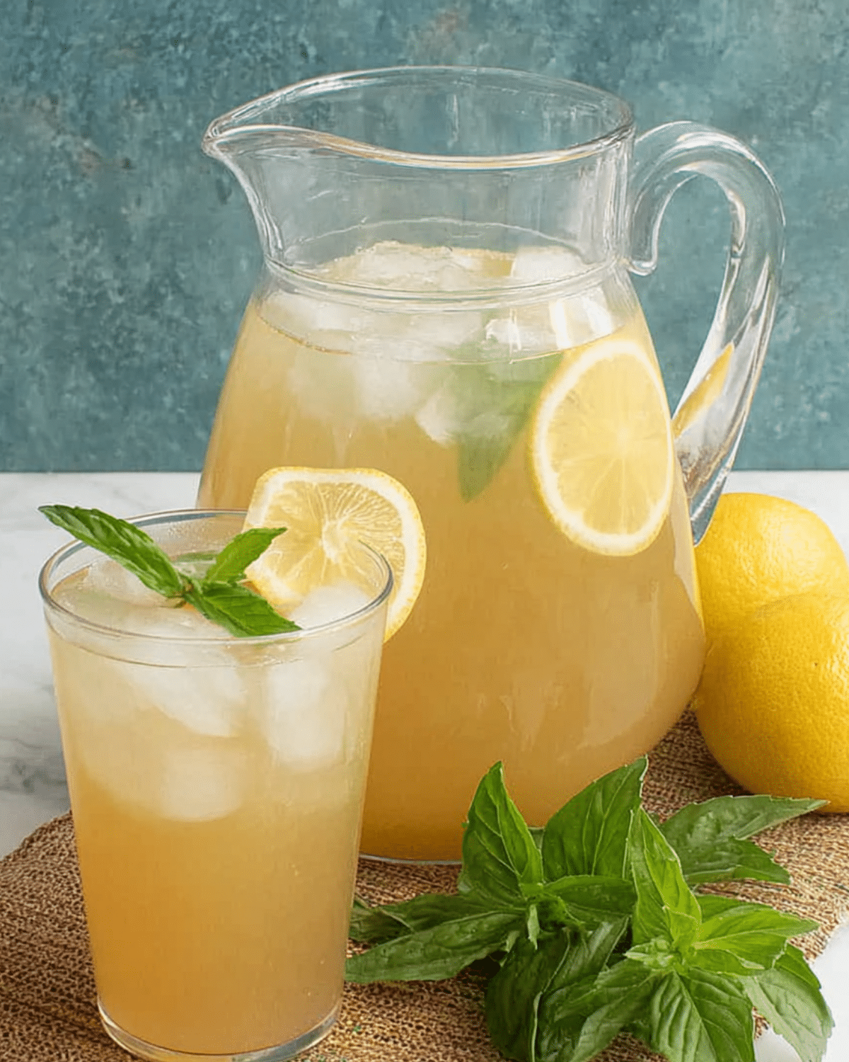 A glass and pitcher of agave lemonade Panera style, filled with ice, lemon slices, and fresh mint leaves.