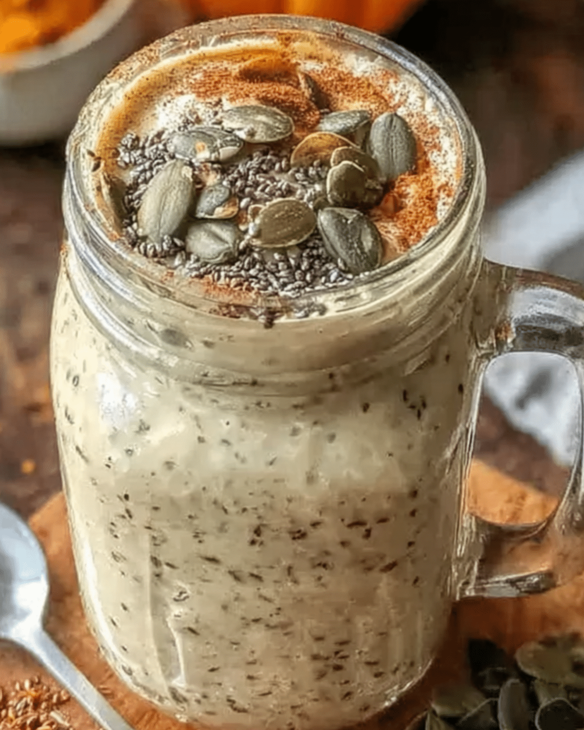 Mason jar filled with creamy bariatric pumpkin seed recipe topped with chia seeds, pumpkin seeds, and a sprinkle of cinnamon.