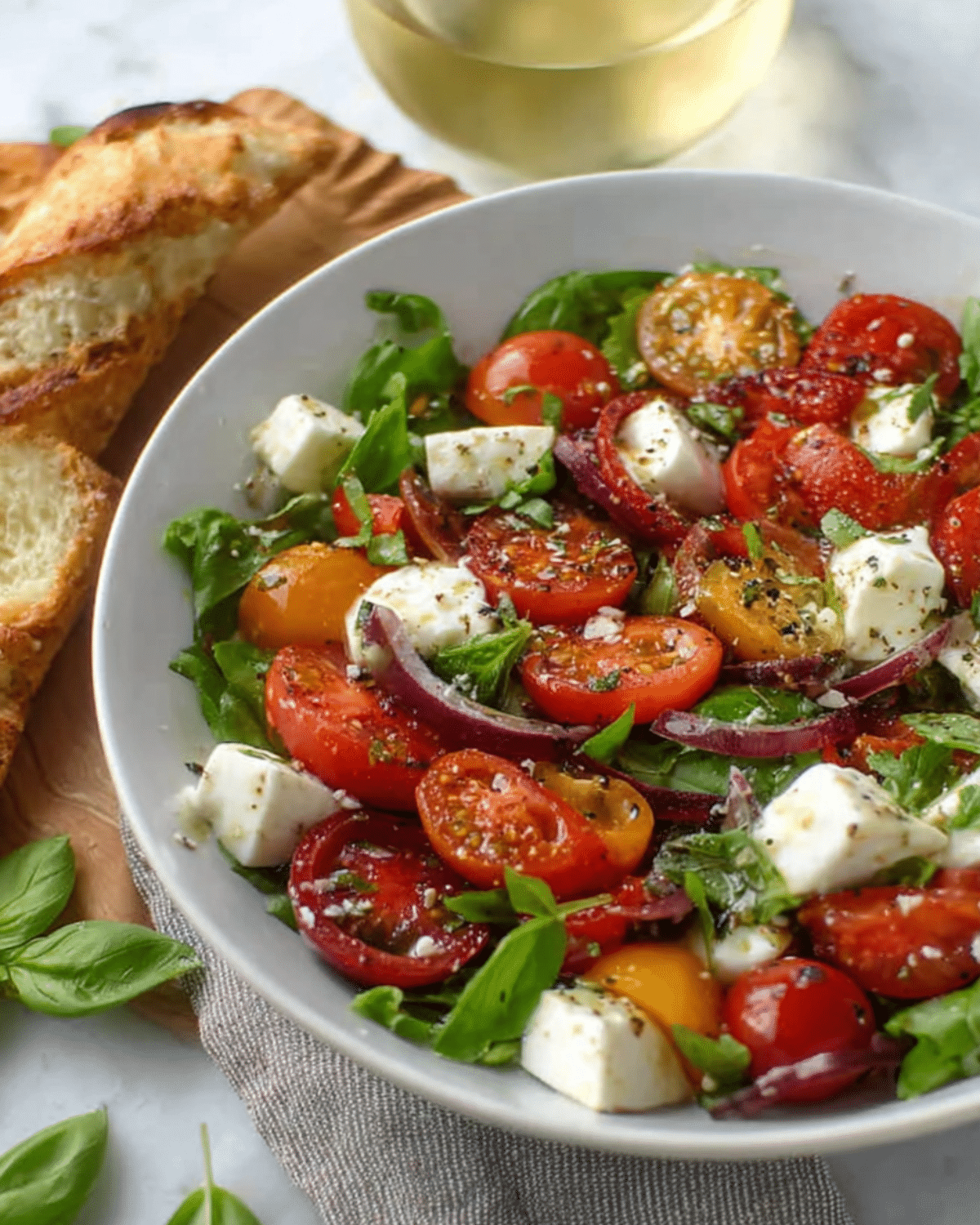 A fresh bowl of BJ's Brewhouse Tomato Mozzarella Salad Recipe with cherry tomatoes, mozzarella cubes, red onions, and basil.
