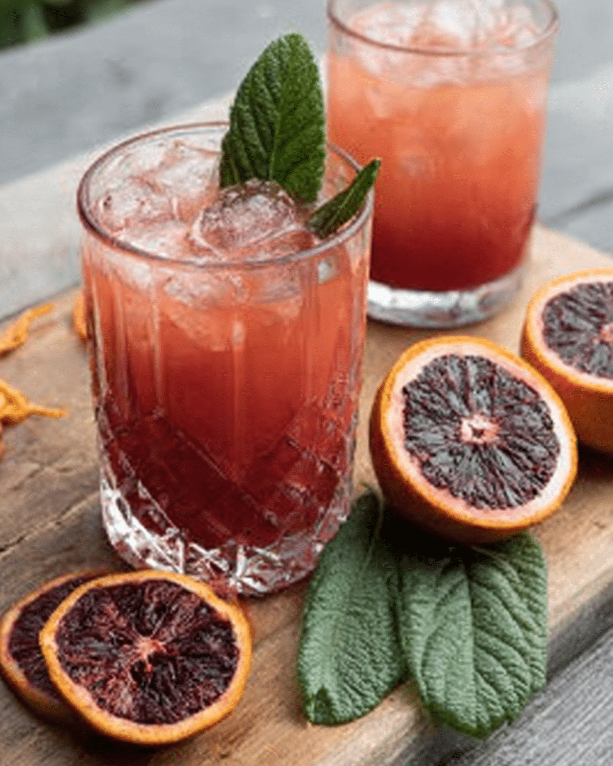 A refreshing glass of blood orange and mulberry leaf solid drink with ice, garnished with fresh mulberry leaves and surrounded by sliced blood oranges.