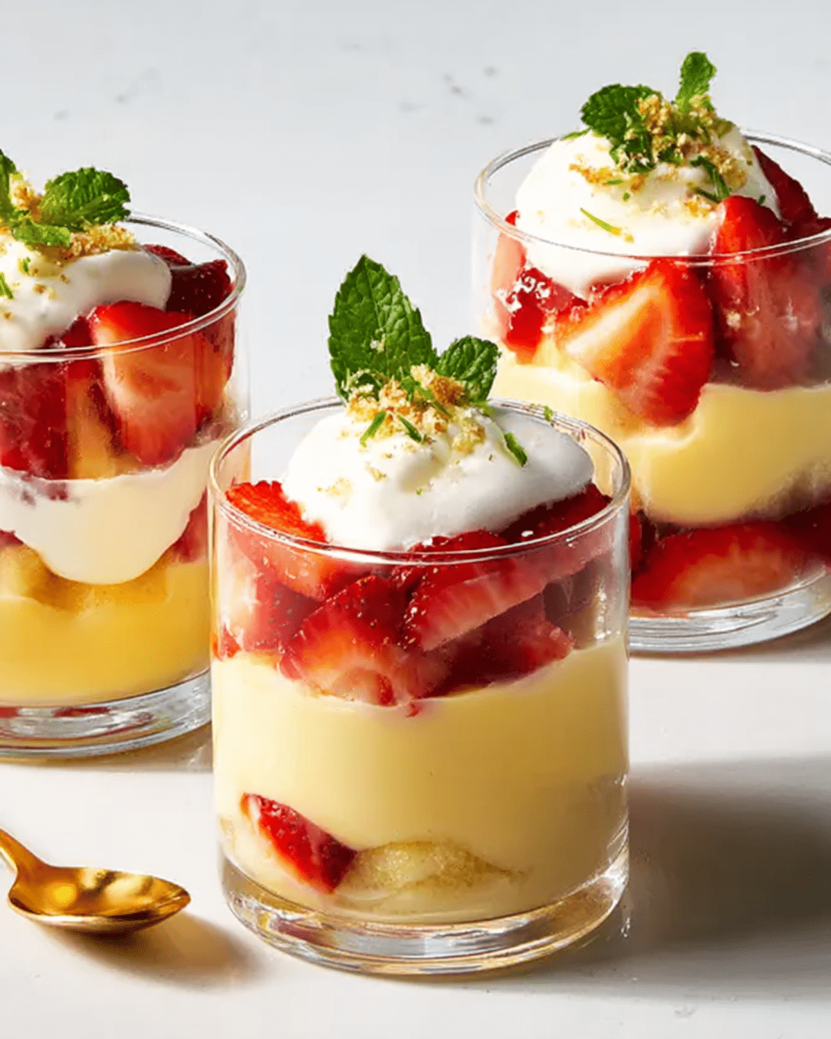 Glasses filled with layered chantilly lili recipe featuring strawberries, custard, and whipped cream topped with mint.