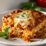 A hot, cheesy slice of Creamettes lasagna recipe on a white plate, featuring layers of ruffled pasta, meat sauce, corn, and melted cheese, garnished with herbs.