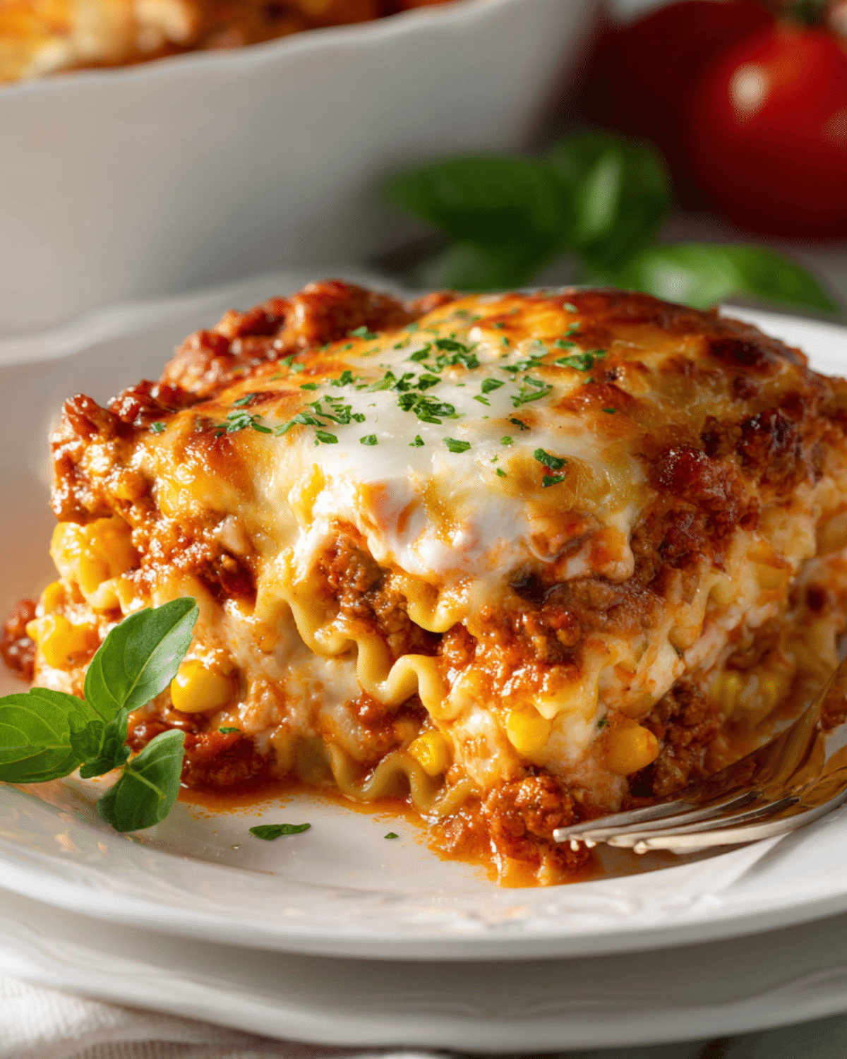 A hot, cheesy slice of Creamettes lasagna recipe on a white plate, featuring layers of ruffled pasta, meat sauce, corn, and melted cheese, garnished with herbs.