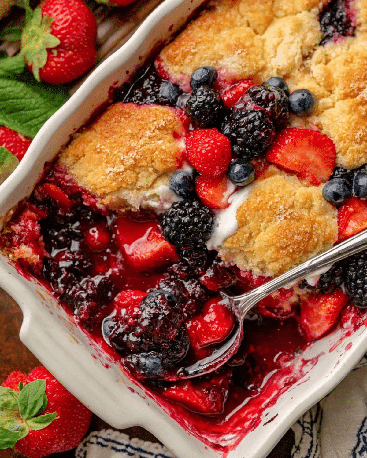 A freshly baked mixed berry fruit cobbler in a white baking dish, topped with golden biscuits and garnished with fresh strawberries, blueberries, blackberries, and raspberries.