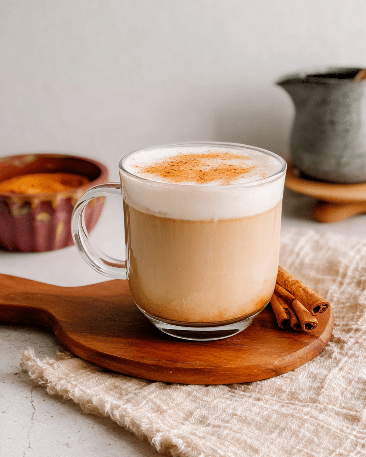 Glass mug of apple butter latte topped with frothy milk and cinnamon, served on a wooden board with cinnamon sticks beside it.