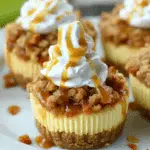 Apple crisp mini cheesecake topped with whipped cream and caramel drizzle, set against a background of green apples.