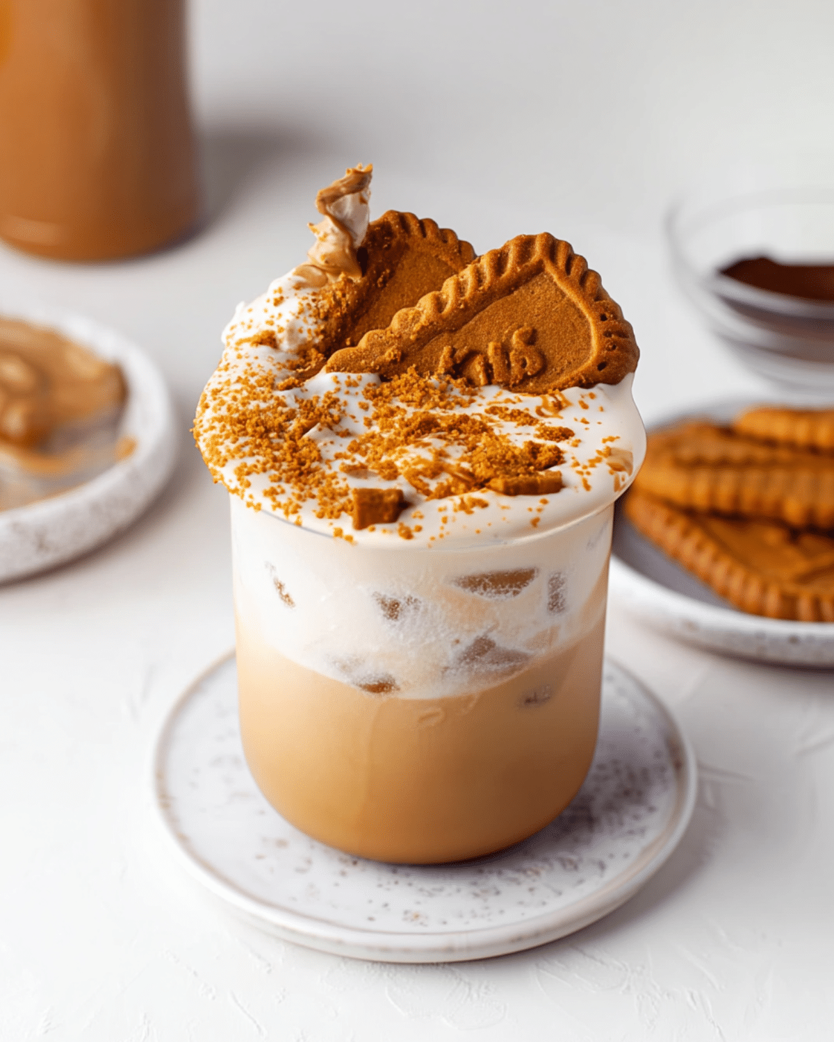 Iced Biscoff cookie butter latte topped with whipped cream, crushed Biscoff cookies, and whole cookie pieces on a white saucer.