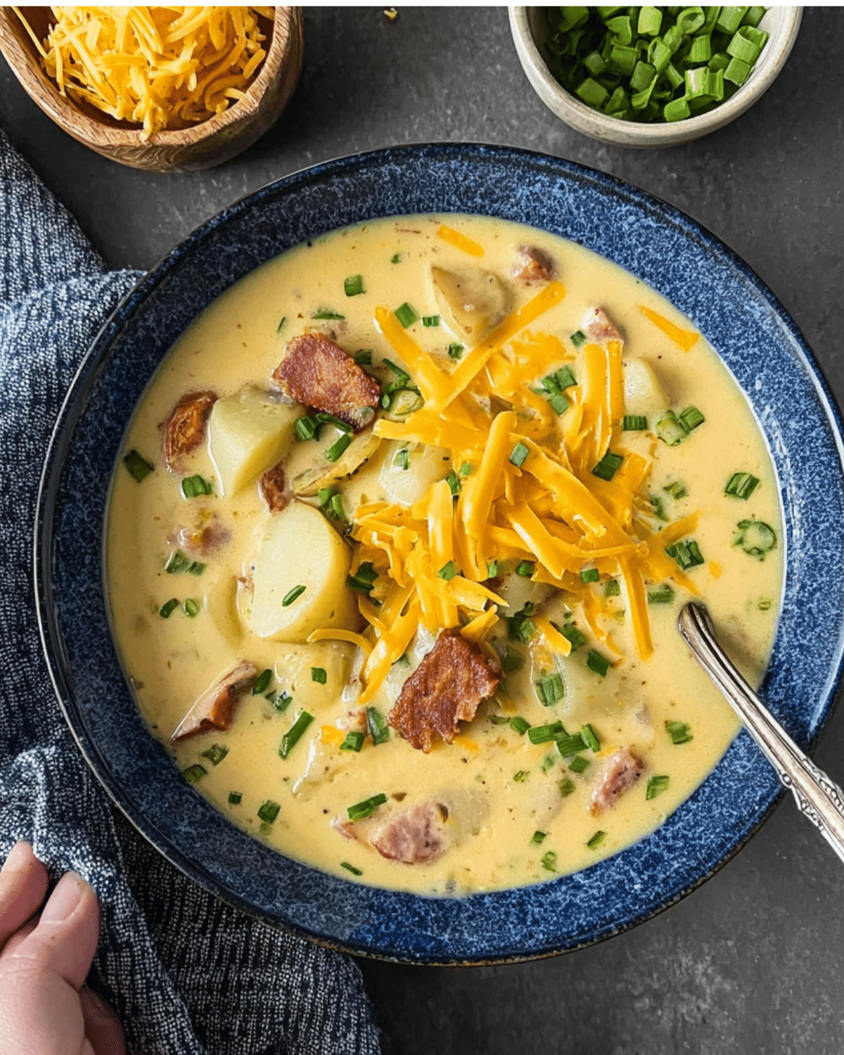 A hearty bowl of Cajun potato soup topped with shredded cheddar cheese, bacon, and chopped green onions.
