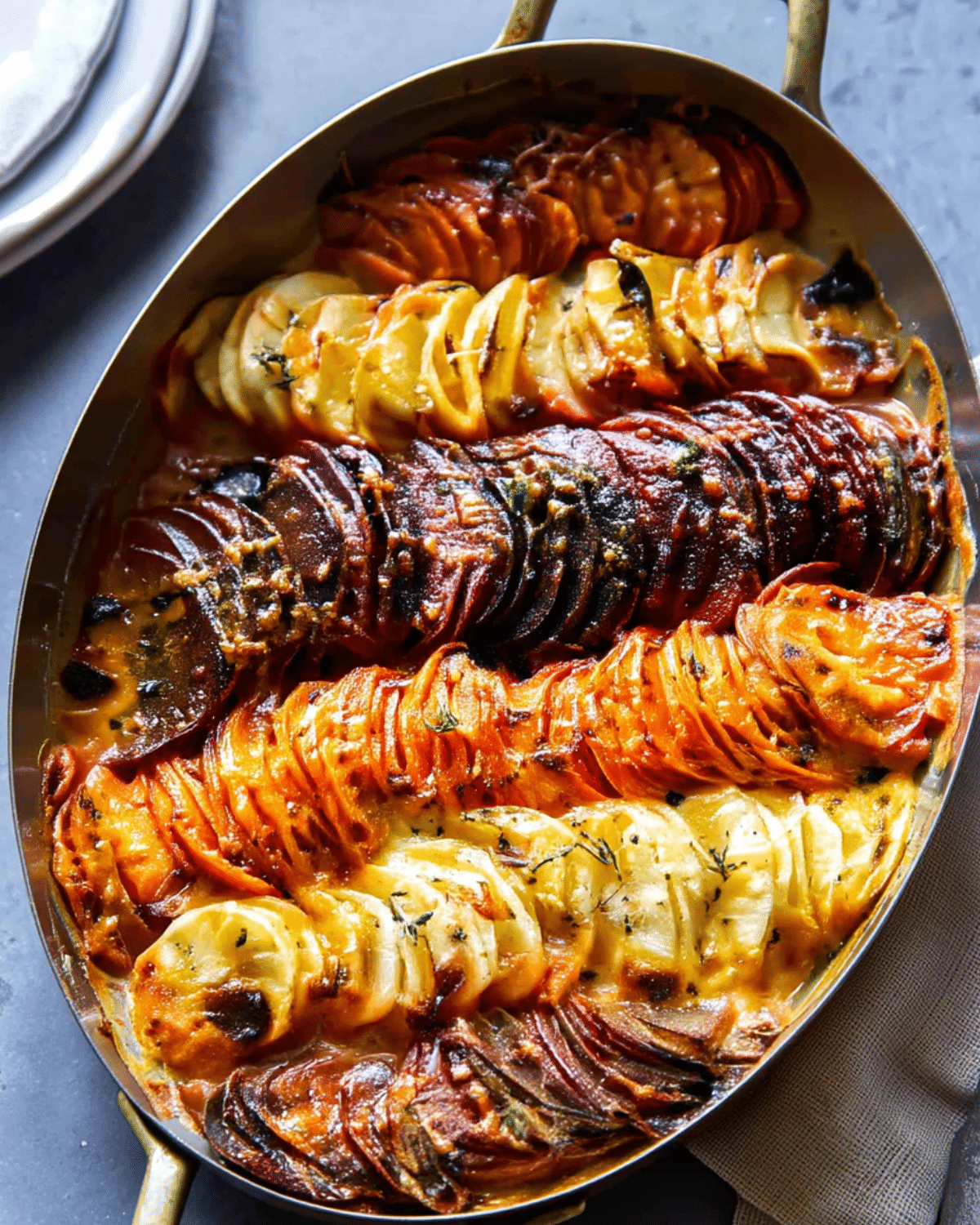 Baked Cheesy Root Vegetable Gratin arranged in colorful layers of potatoes, sweet potatoes, and beets in a golden casserole dish.