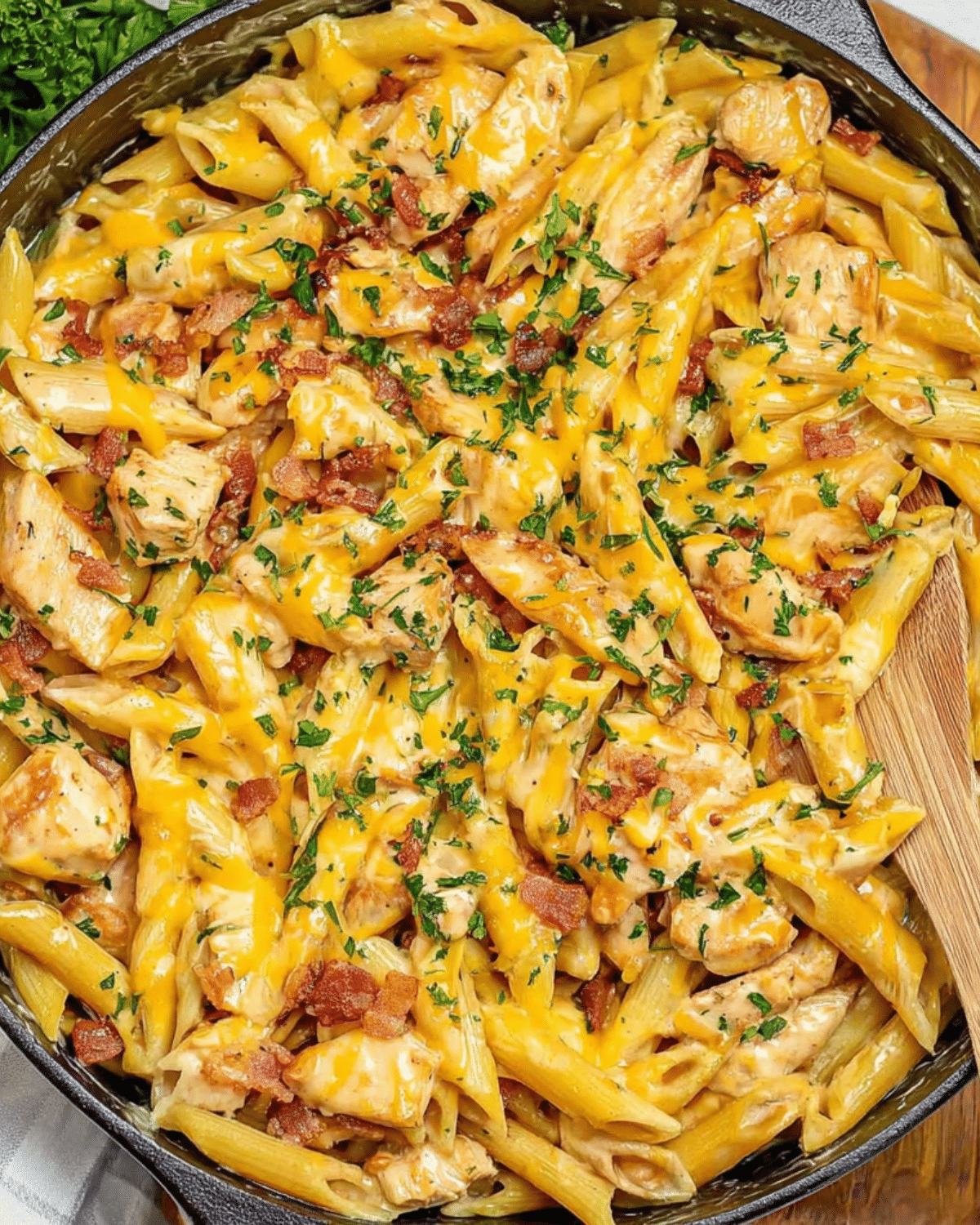 A skillet filled with creamy Crack Chicken Penne topped with melted cheese, bacon, and parsley.