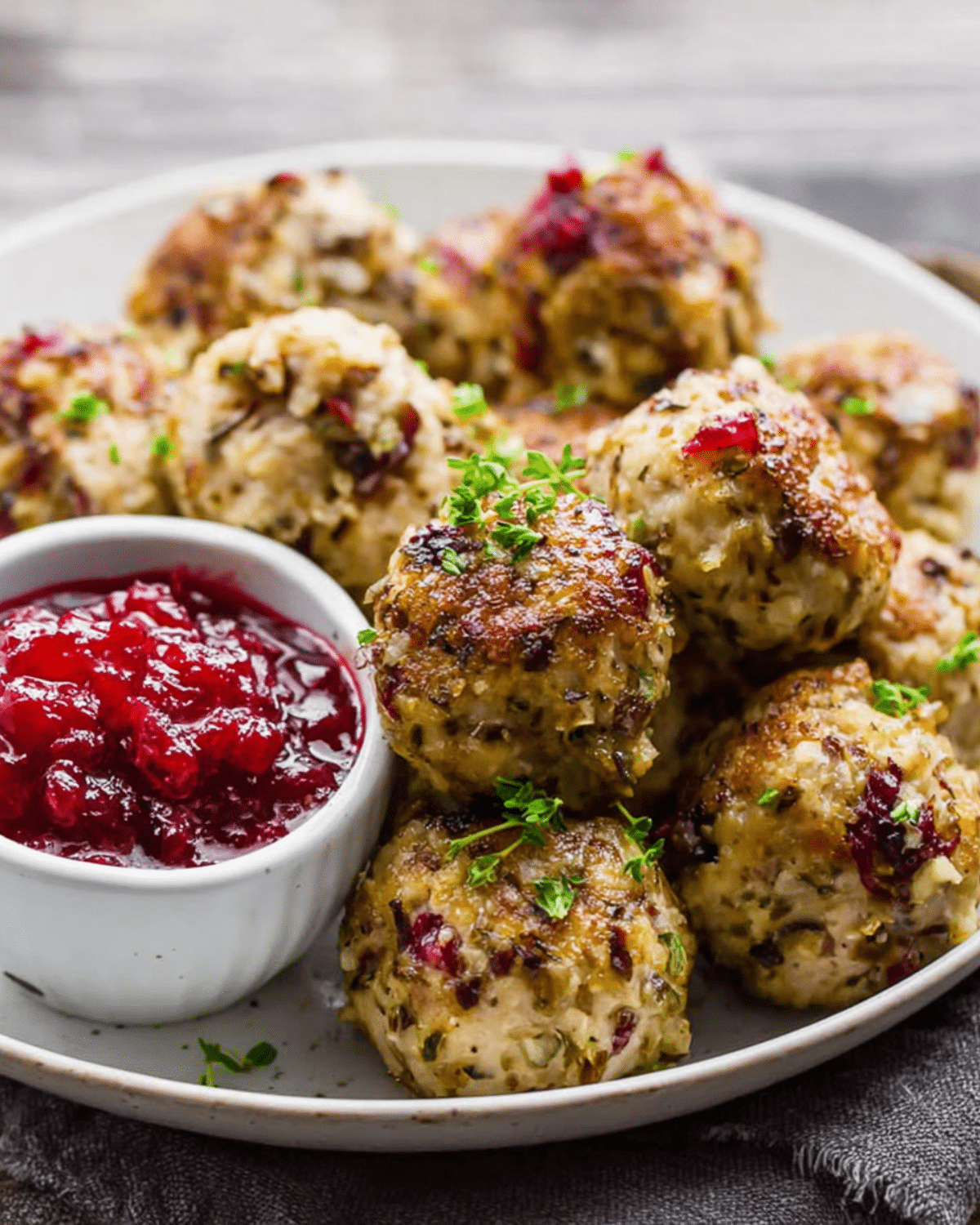 Cranberry Turkey Stuffing Balls served on a plate with fresh herbs and a side of cranberry sauce.
