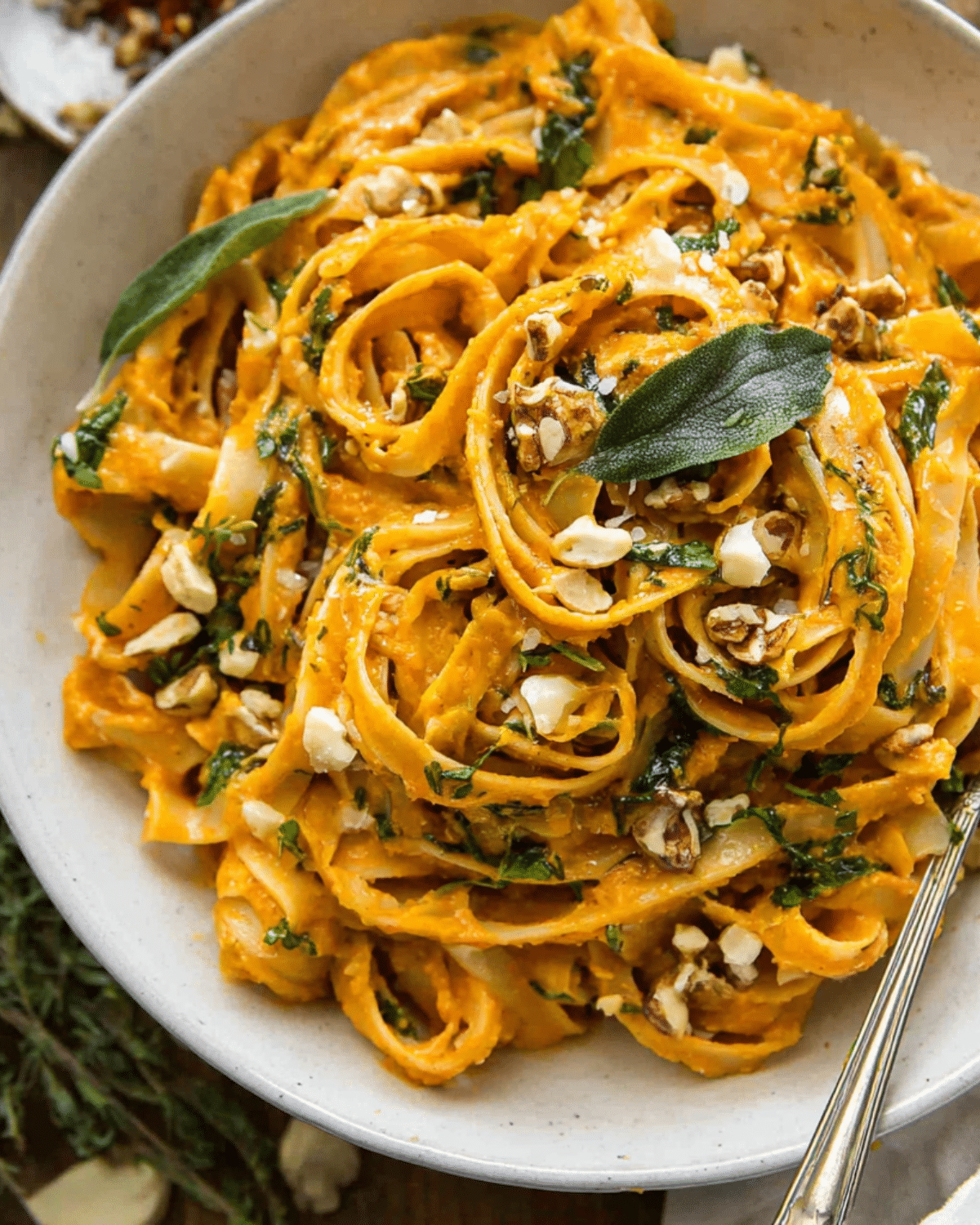 A bowl of creamy pumpkin pasta garnished with fresh herbs, chopped nuts, and sage leaves.
