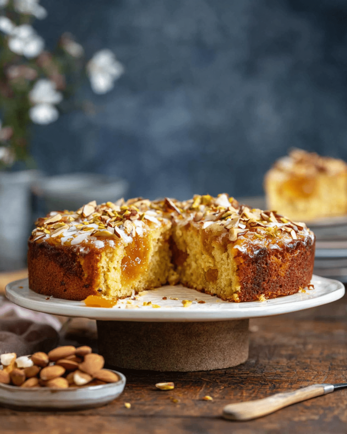 Dried apricot almond cake topped with glaze and chopped nuts on a cake stand, with a slice removed to reveal the moist interior.