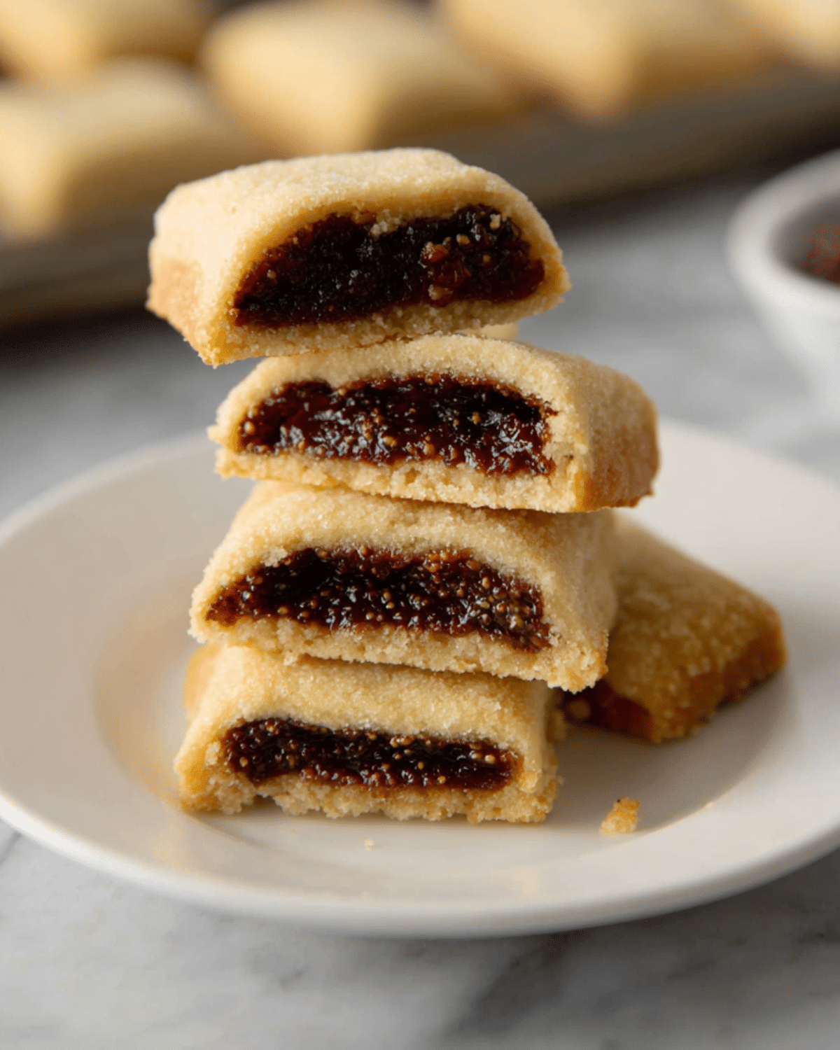 Stack of homemade fig Newtons with a golden cookie exterior and thick fig filling on a white plate.
