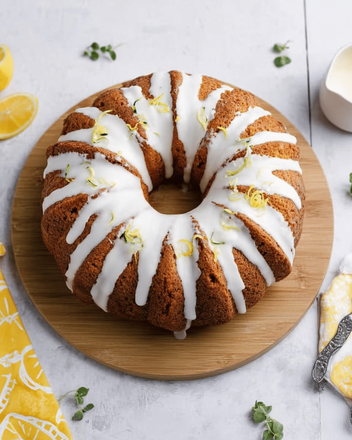 Lemon Zucchini Cake with white glaze and lemon zest, displayed on a wooden board with lemons and herbs around.
