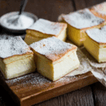Slices of Magic Custard Cake dusted with powdered sugar on a wooden board.