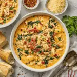 Marry Me Chicken Soup with shredded chicken, spinach, sun-dried tomatoes, and gnocchi in a creamy broth, served with bread.