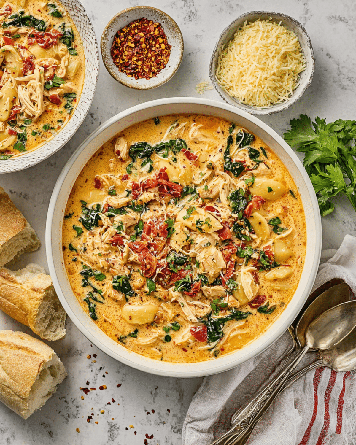 Marry Me Chicken Soup with shredded chicken, spinach, sun-dried tomatoes, and gnocchi in a creamy broth, served with bread.