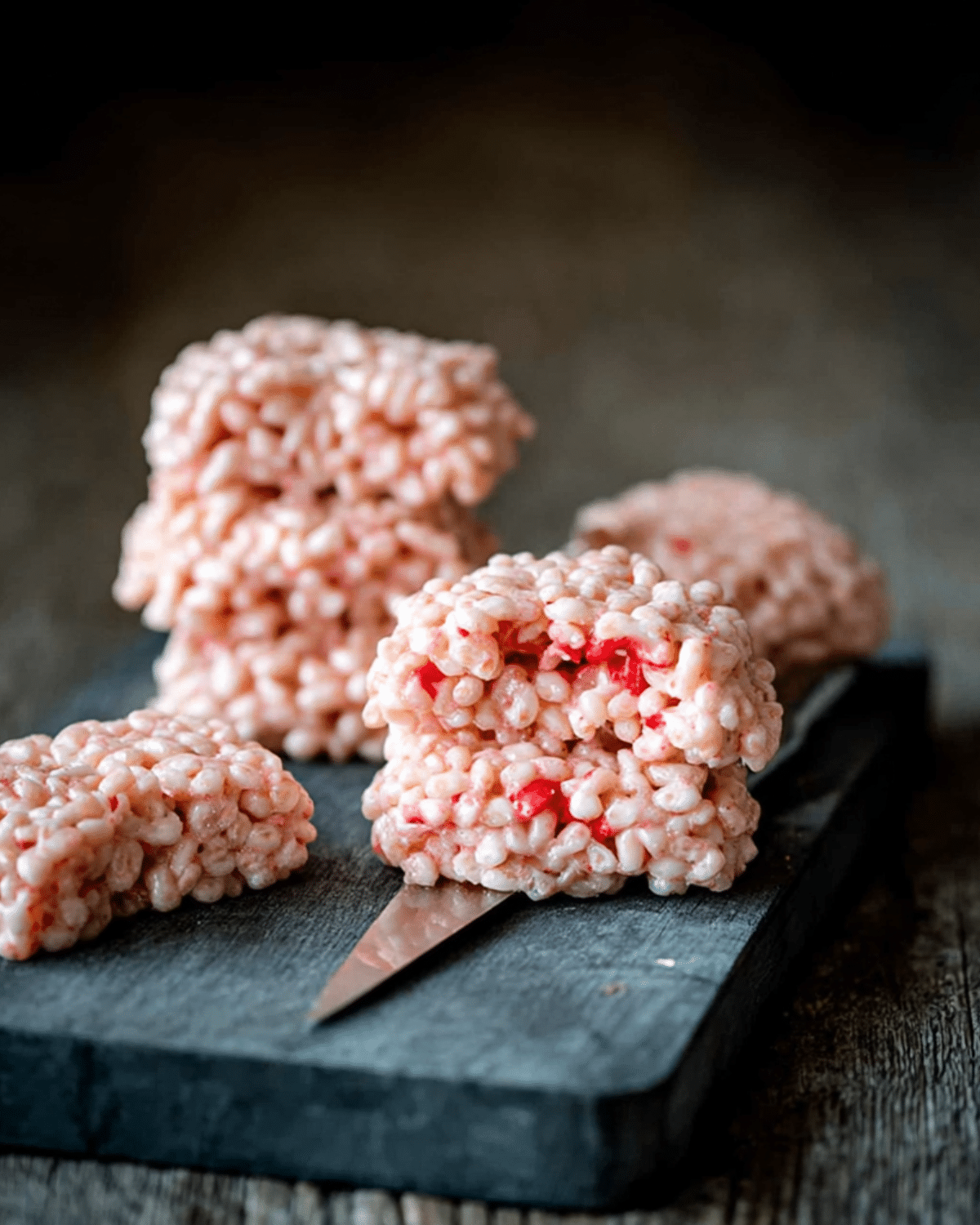 Marshmallow Rice Krispies Halloween Brains shaped like brains with pink and red tones, stacked on a black cutting board.