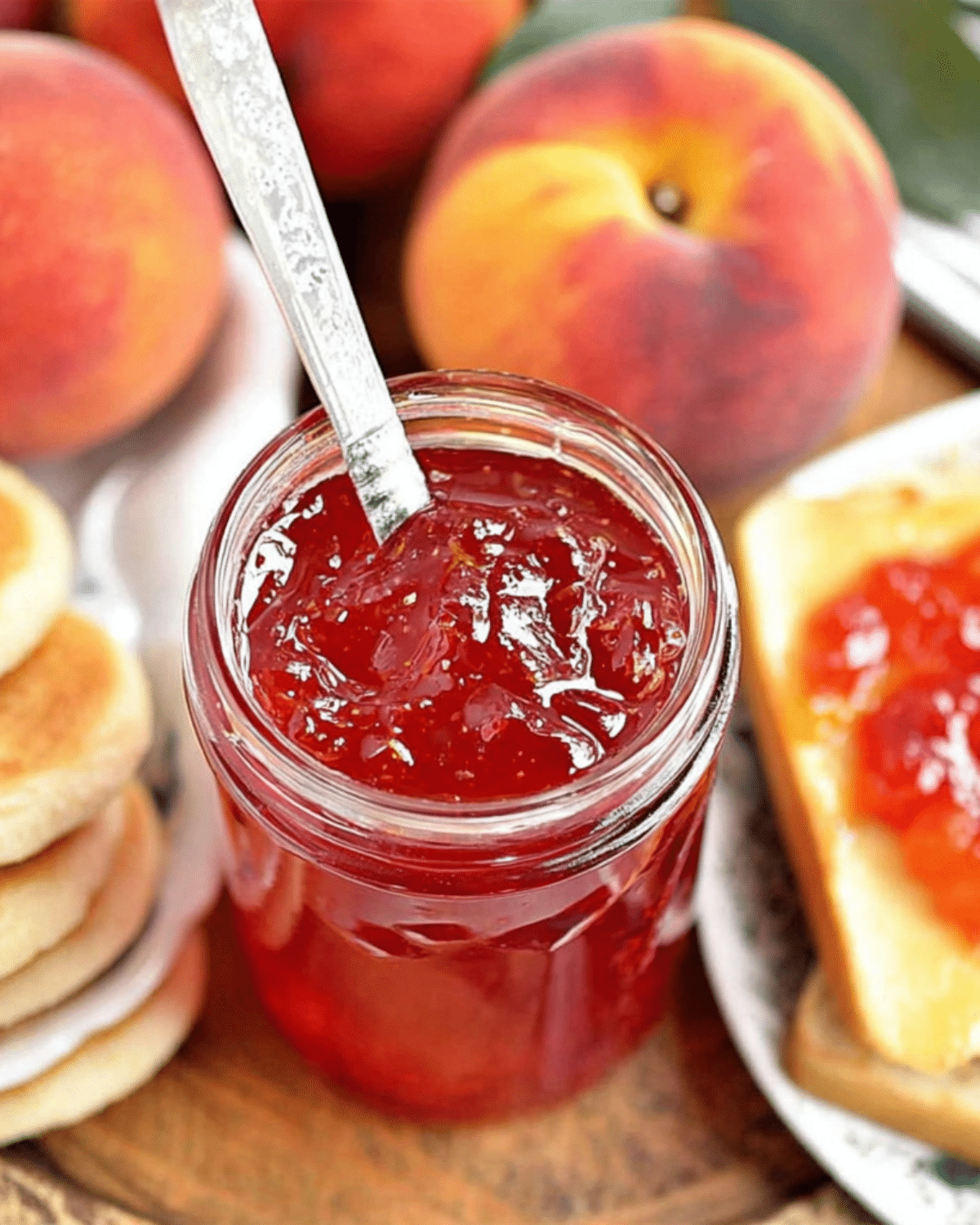 Jar of nectarine jam without pectin with a spoon inside, surrounded by fresh nectarines, toast, and biscuits.