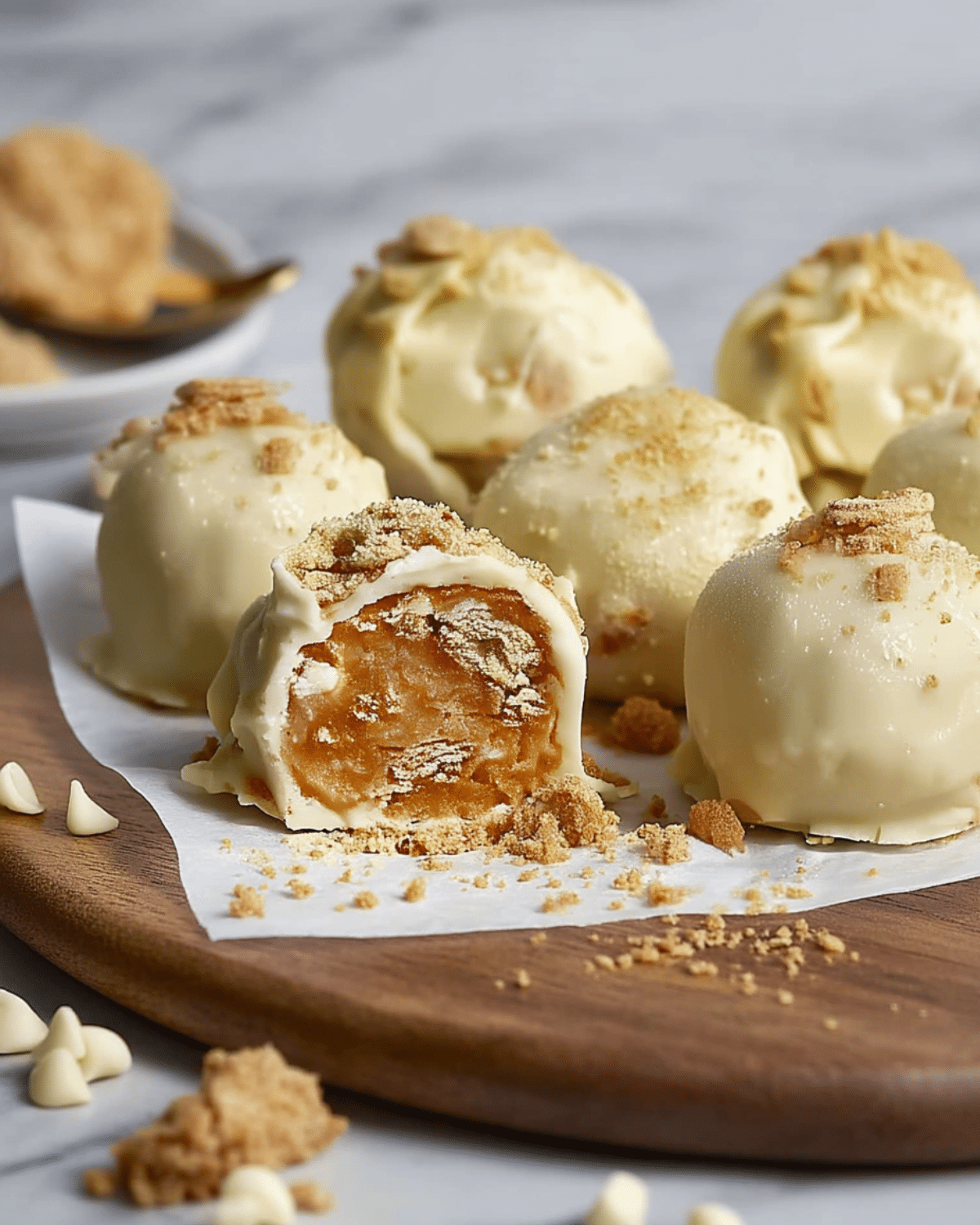 Close-up of No Bake Pumpkin Cheesecake Balls coated in white chocolate and topped with cookie crumbs on a wooden board.