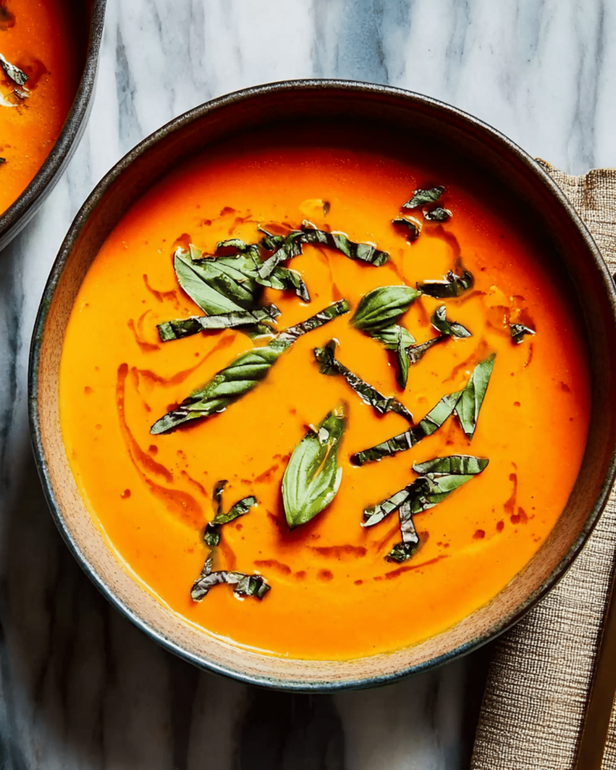 A bowl of old-fashioned cream of tomato soup garnished with fresh basil leaves.