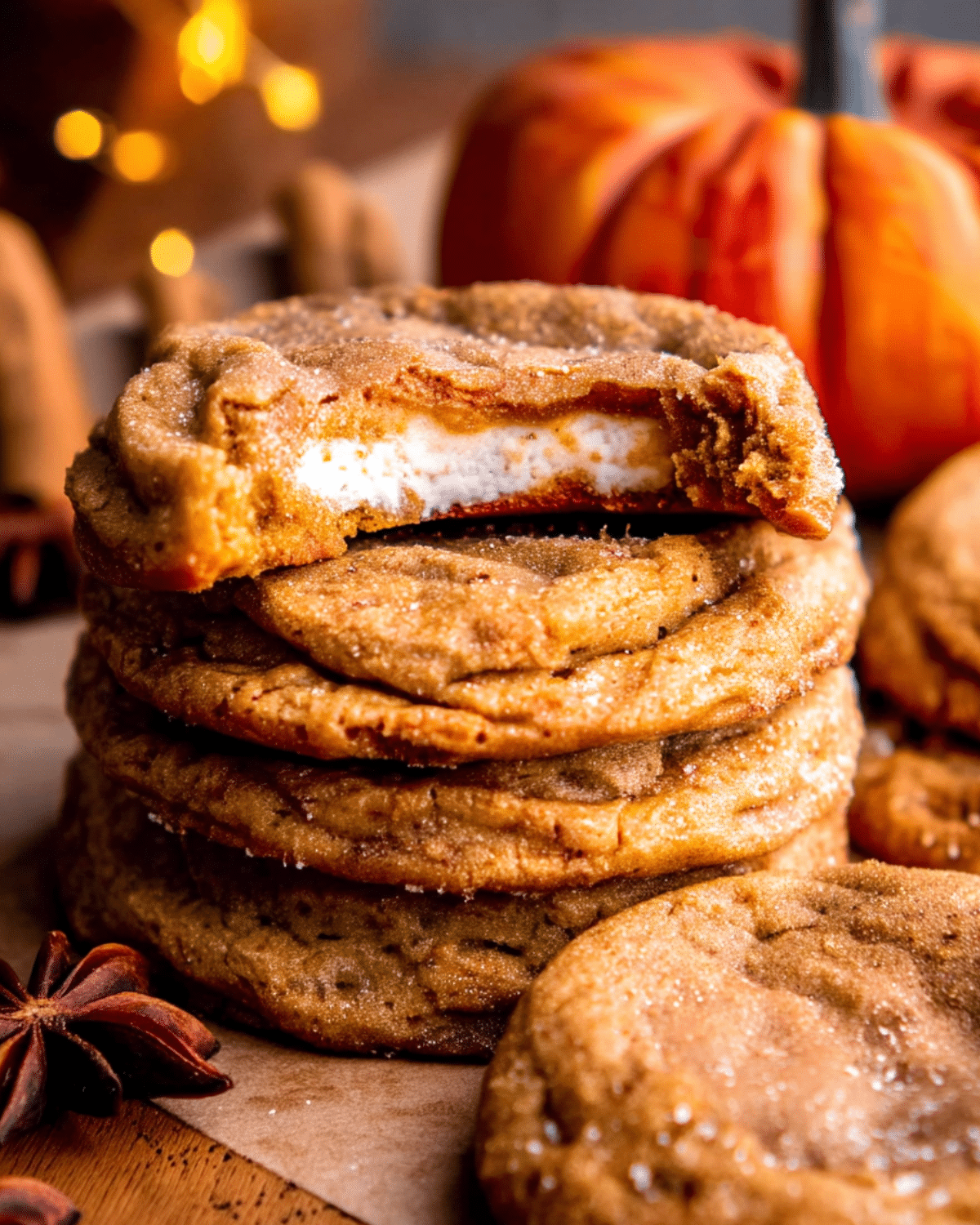 Stack of pumpkin cheesecake cookies with one cookie bitten to reveal creamy cheesecake filling.