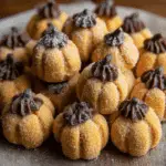 A stack of pumpkin cheesecake truffles shaped like mini pumpkins, coated in sugar and topped with chocolate stems.