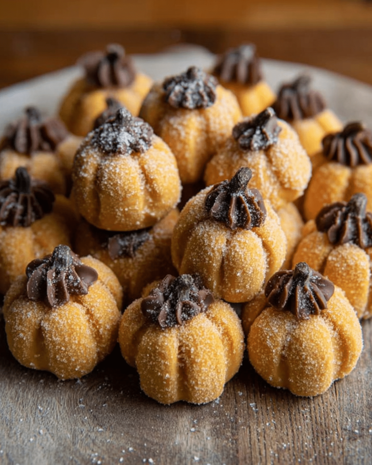 A stack of pumpkin cheesecake truffles shaped like mini pumpkins, coated in sugar and topped with chocolate stems.