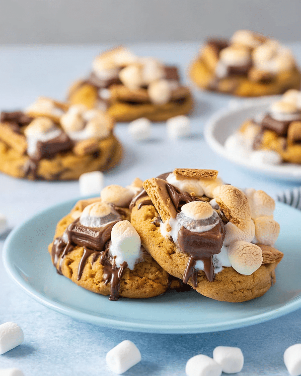 Pumpkin Smores Cookies topped with toasted marshmallows, melted chocolate, and graham cracker pieces on a blue plate.