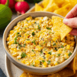 Bowl of Mexican street corn dip garnished with herbs, served with tortilla chips, with a hand dipping a chip into the creamy mixture.