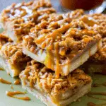 Salted Caramel Apple Pie Bars stacked on a green plate, drizzled with golden caramel sauce.