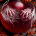Spooky Halloween Party Punch in a glass bowl with red liquid, dry ice fog, and creepy hand-shaped ice cubes.
