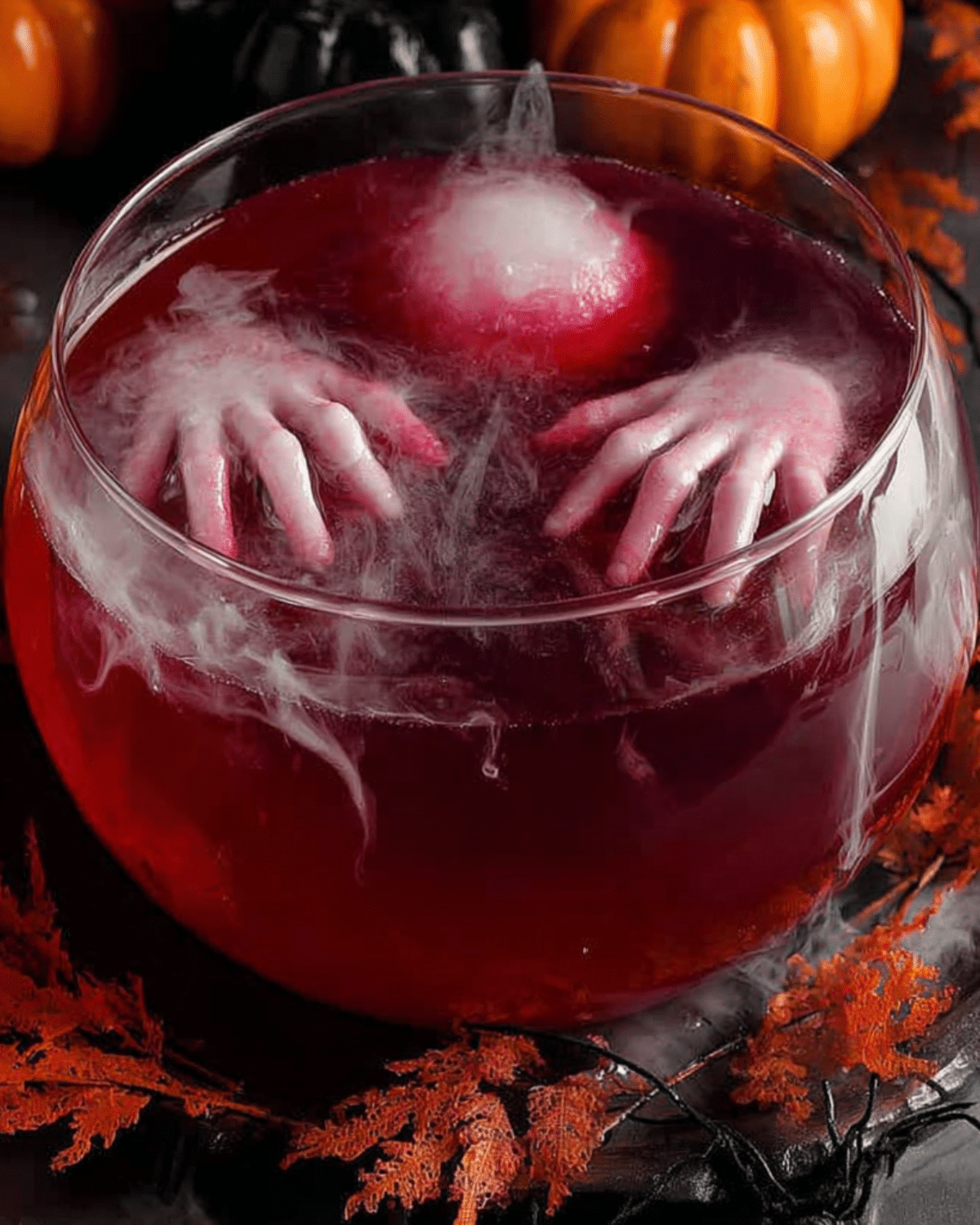 Spooky Halloween Party Punch in a glass bowl with red liquid, dry ice fog, and creepy hand-shaped ice cubes.