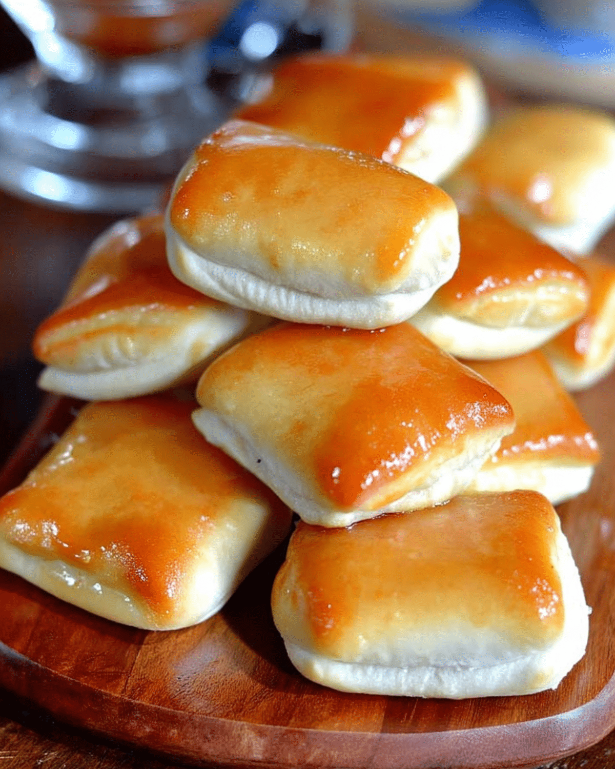 A pile of freshly baked TEXAS ROADHOUSE ROLLS with a golden, glossy top on a wooden surface.