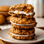 Stack of pumpkin oatmeal cream pies filled with white cream, with the top cookie partially bitten.