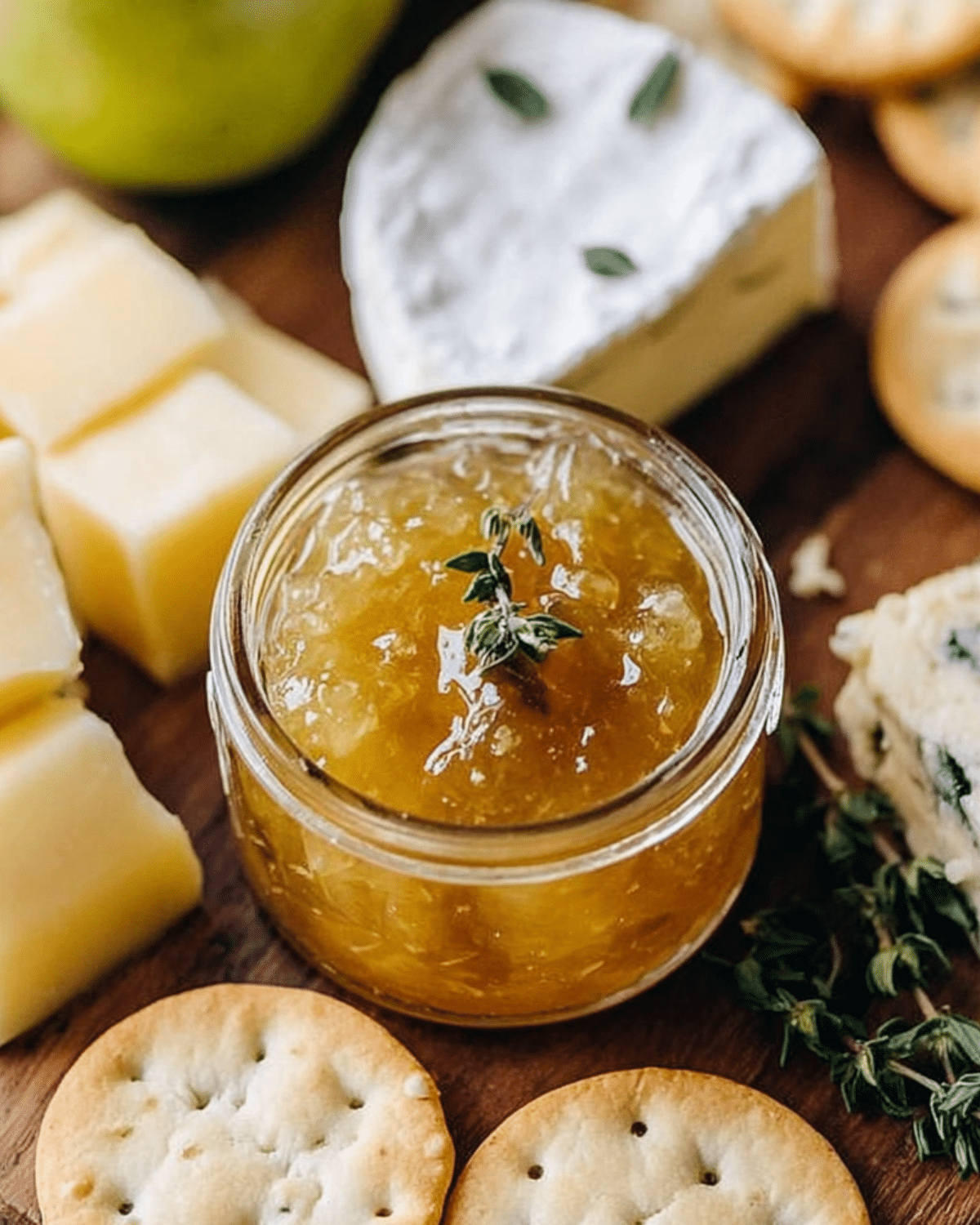 A jar of Apple Thyme Jam garnished with fresh thyme, surrounded by cheese cubes, crackers, and herbs on a charcuterie board.