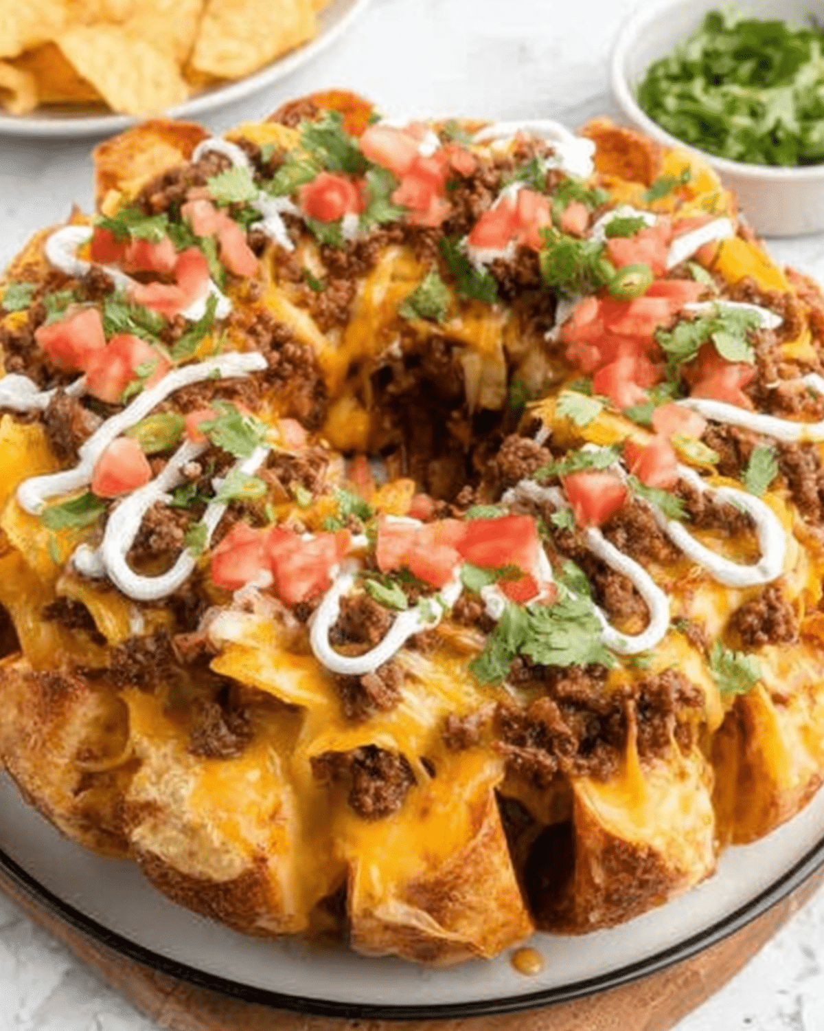 BUNDT PAN NACHOS loaded with melted cheese, seasoned beef, tomatoes, sour cream, and cilantro on a round serving plate.
