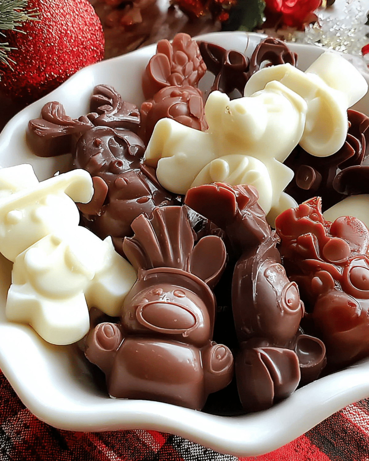 Assorted Chocolate Christmas Candy in festive shapes like snowmen, reindeer, and turkeys made of white, milk, and dark chocolate in a white bowl.