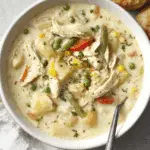 A hearty bowl of creamy Chicken Pot Pie Soup filled with shredded chicken, potatoes, peas, green beans, corn, and carrots, served with flaky biscuits.