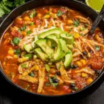 Bowl of chicken tortilla soup topped with avocado slices, shredded cheese, tortilla strips, and fresh cilantro.