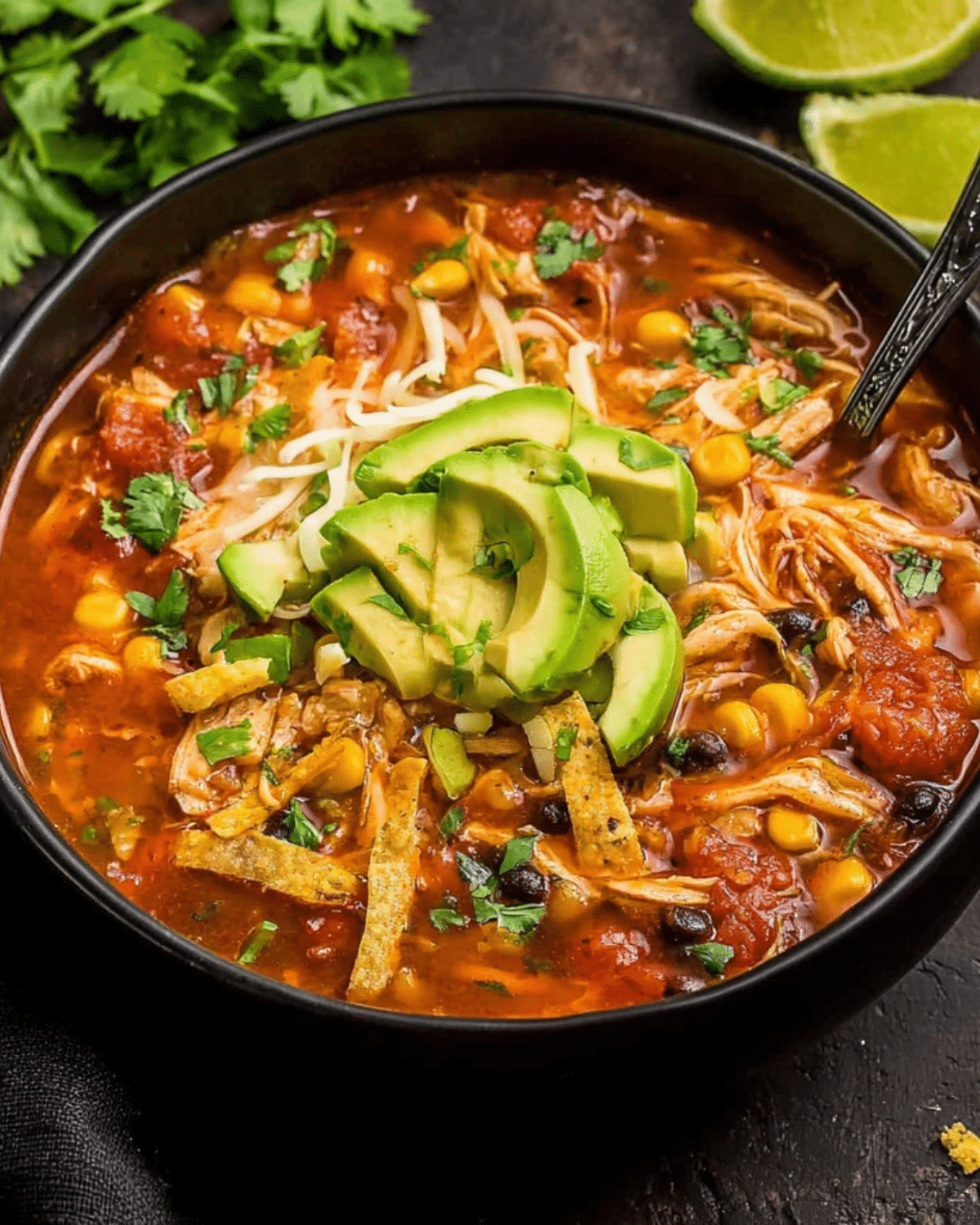 Bowl of chicken tortilla soup topped with avocado slices, shredded cheese, tortilla strips, and fresh cilantro.
