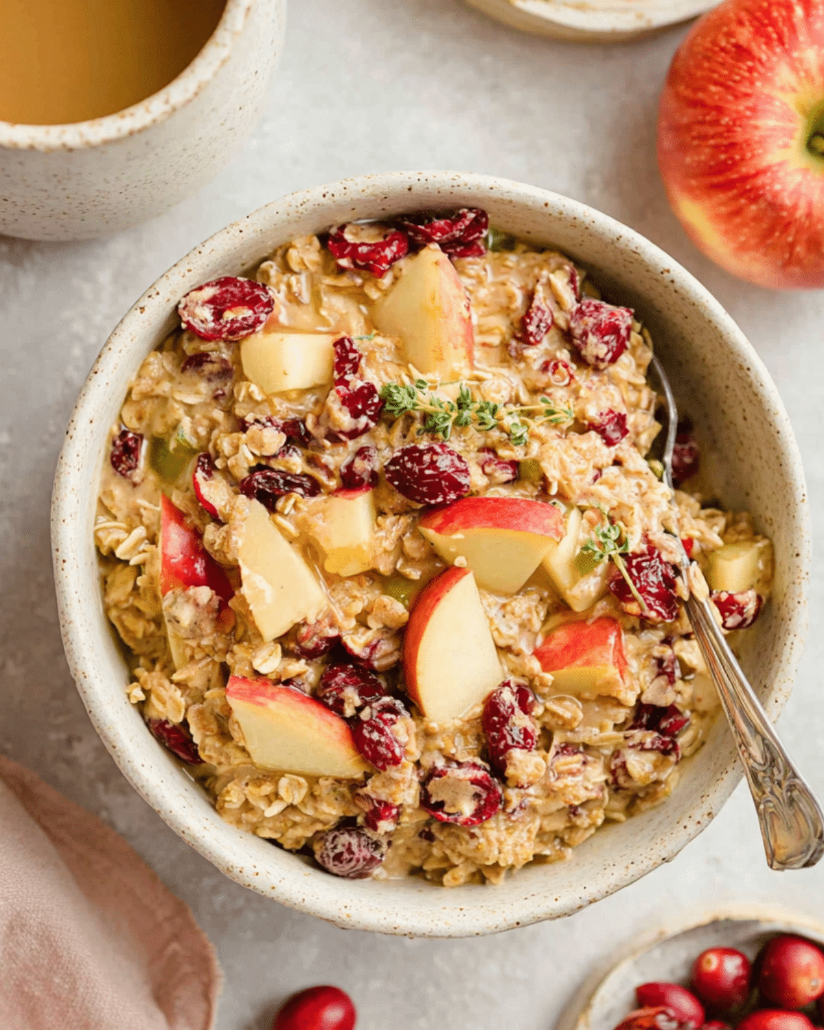 A bowl of Cranberry Apple Crockpot Oatmeal topped with fresh apple slices, dried cranberries, and a drizzle of honey.