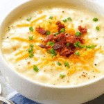 A bowl of Creamy Pioneer Woman Potato Soup topped with shredded cheese, crispy bacon bits, and chopped green onions.