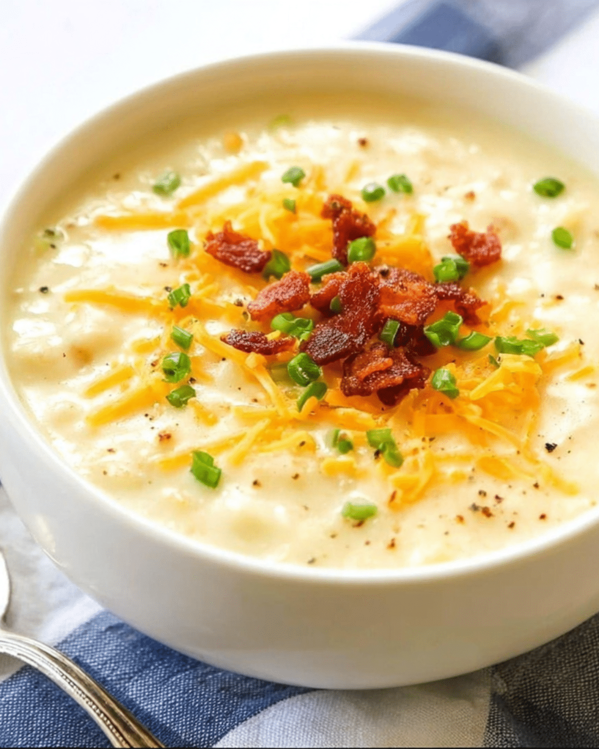 A bowl of Creamy Pioneer Woman Potato Soup topped with shredded cheese, crispy bacon bits, and chopped green onions.