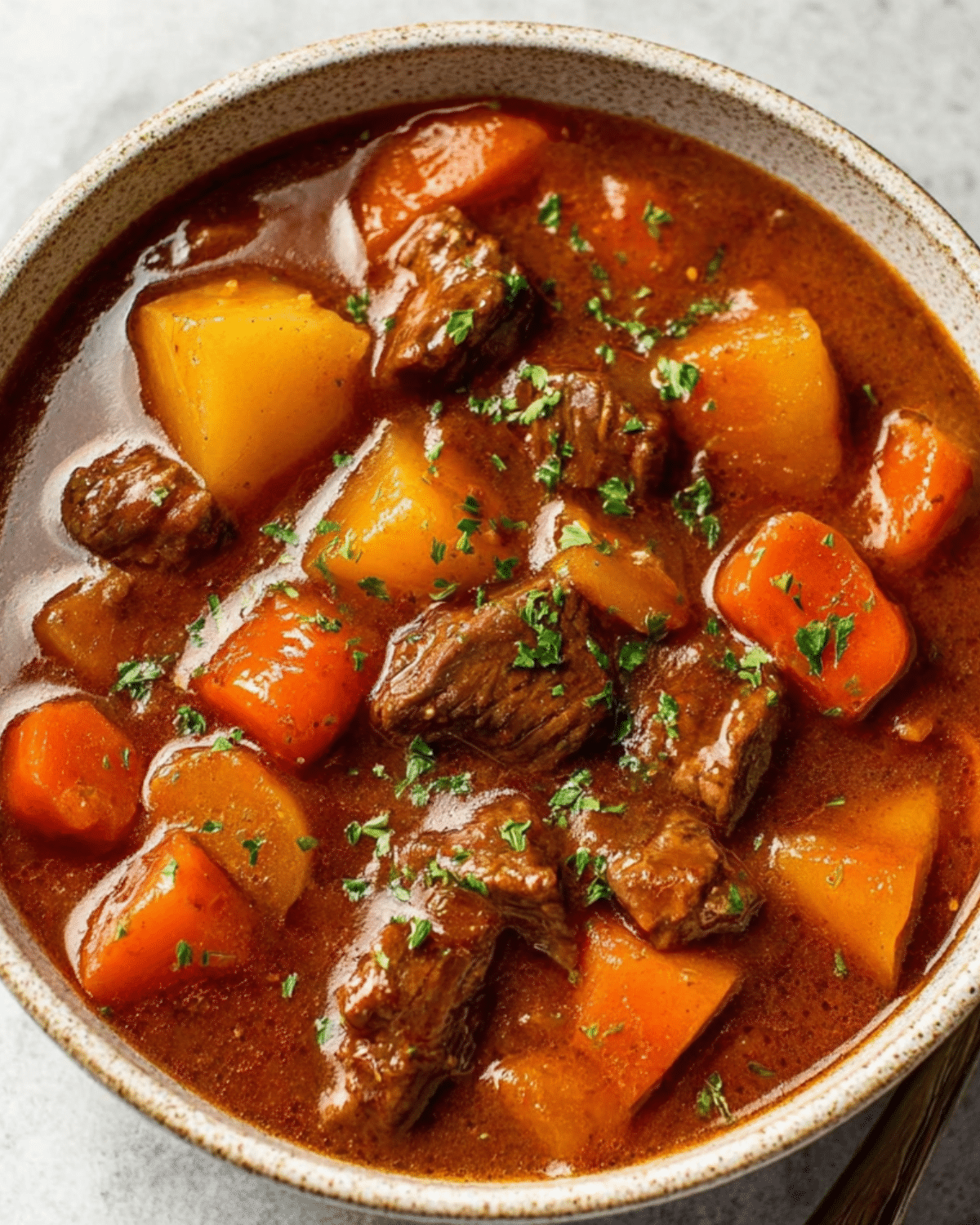 Bowl of crockpot beef stew with tender beef chunks, potatoes, carrots, and rich brown broth, garnished with chopped parsley.