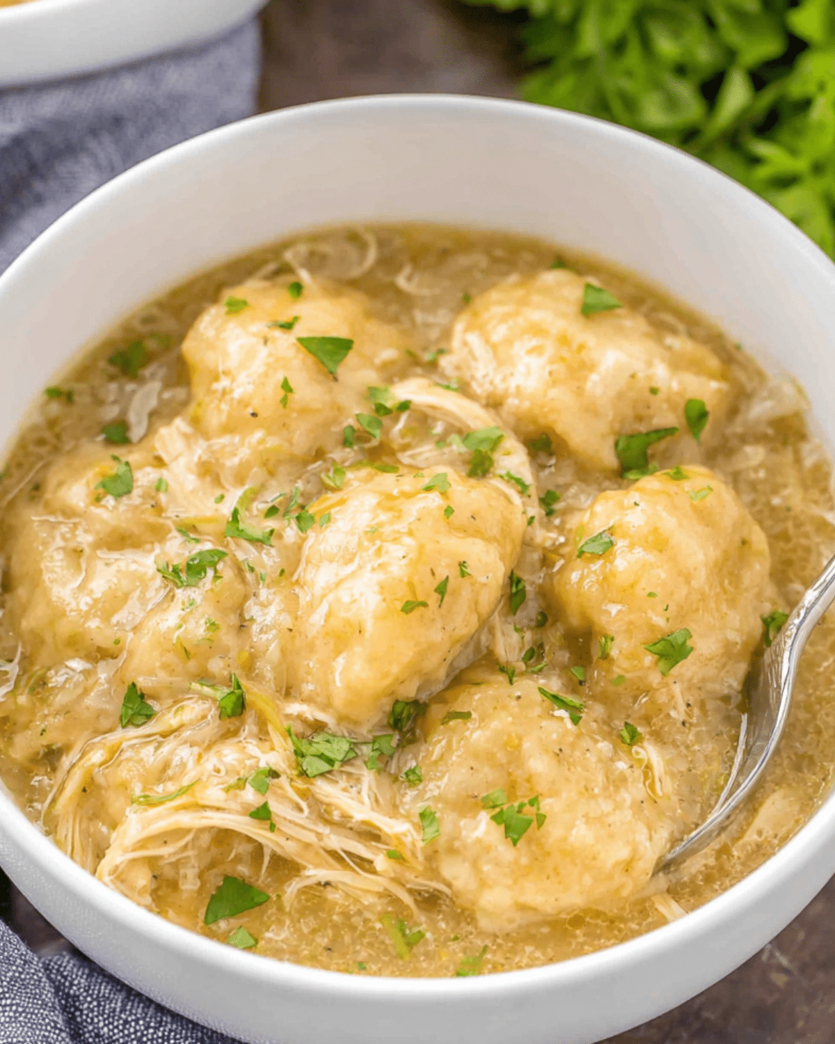 Crockpot Chicken and Dumplings in a white bowl, featuring tender shredded chicken, fluffy dumplings, and a creamy broth, garnished with fresh parsley.