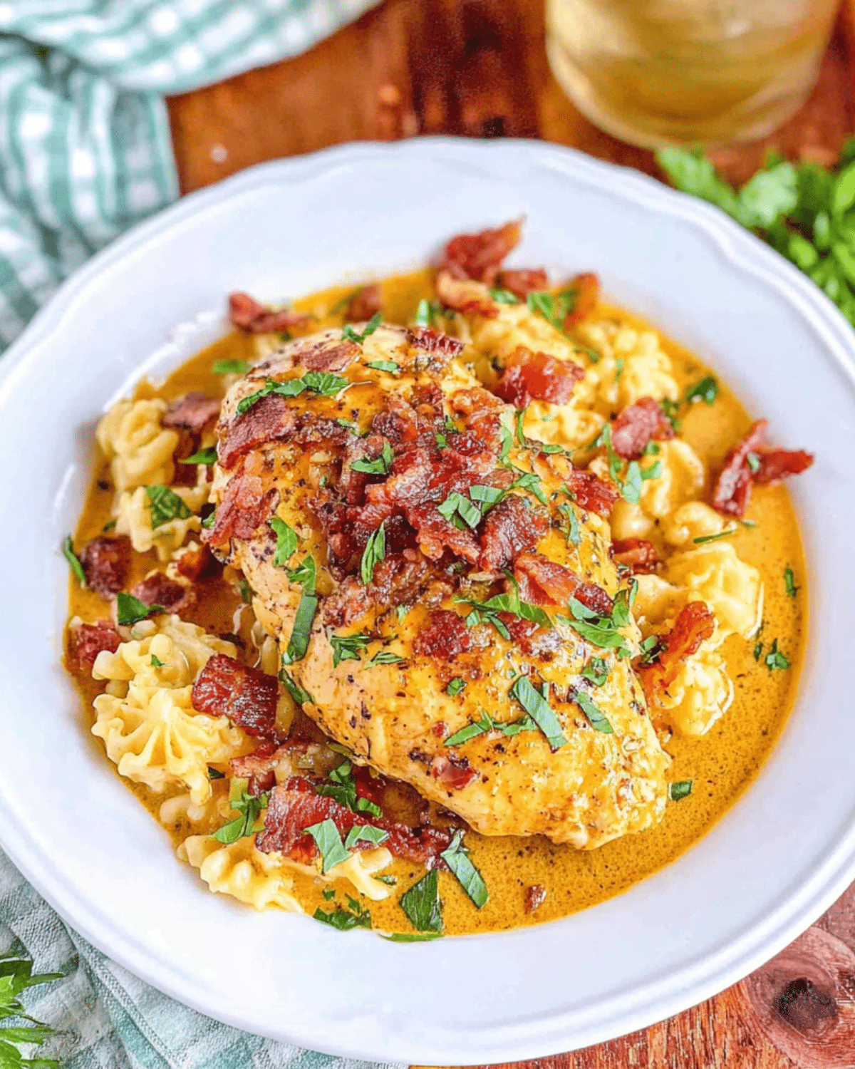 Crockpot Marry Me Chicken served over pasta with a creamy sauce, topped with crispy bacon and fresh parsley in a white bowl.